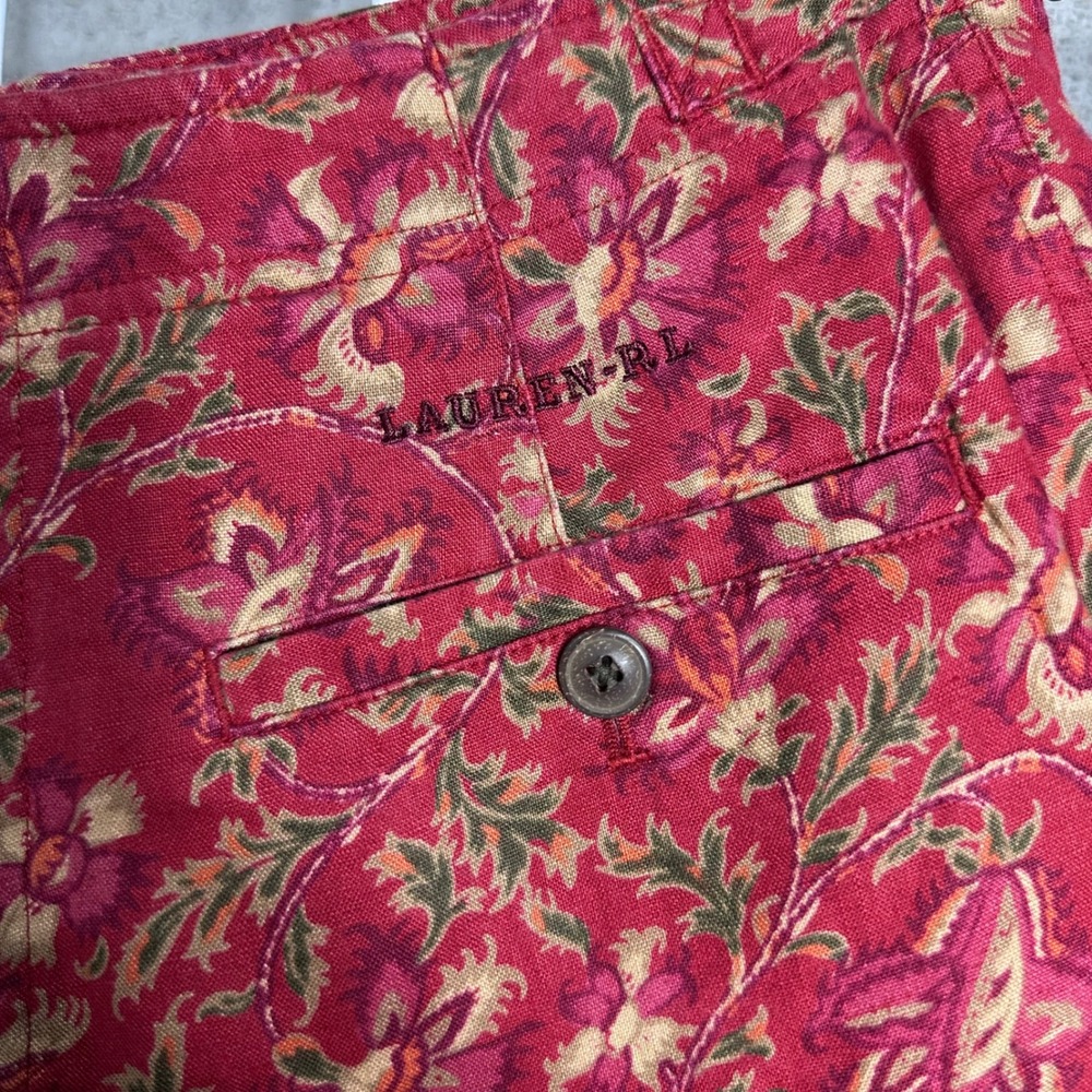 Vintage‎ Ralph Lauren Red Floral Linen Shorts High Rise Paisley Print Size 8 - Picture 7 of 9